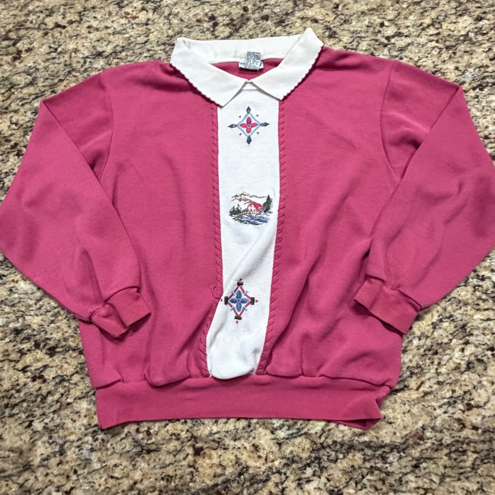 Vintage Koret Pink Embroidered Mountain Cabin Sweatshirt Womens Medium Collared